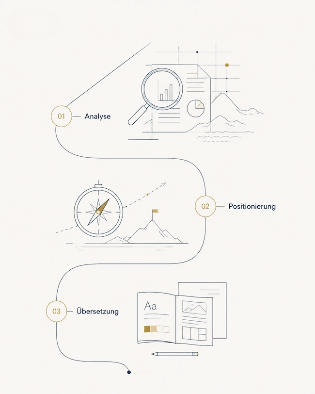 Infografik zum Ablauf einer Markenstrategie in drei Etappen: Analyse, Positionierung und Übersetzung in konkrete Leitplanken.